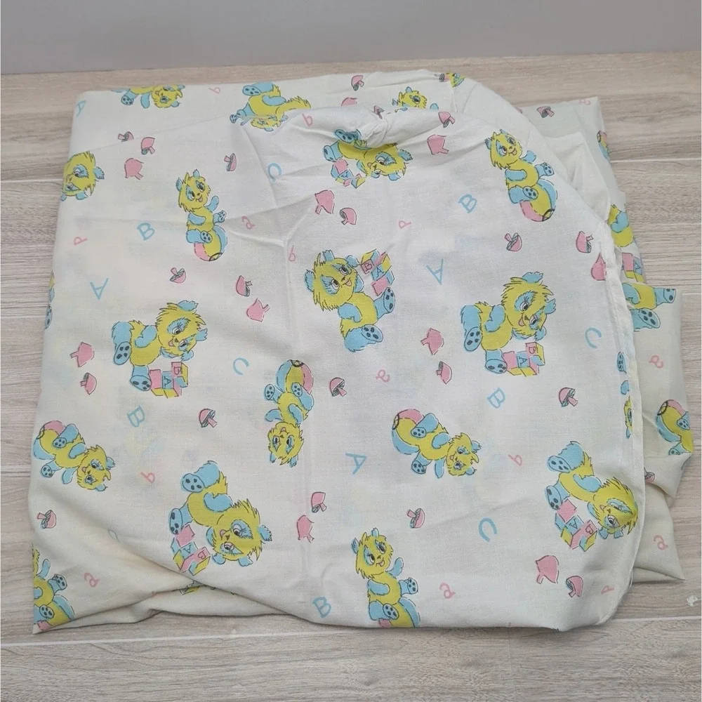 Vintage Fitted Crib Sheet Teddy Bears ABC Blocks Baby Nursery Bedding Neutral